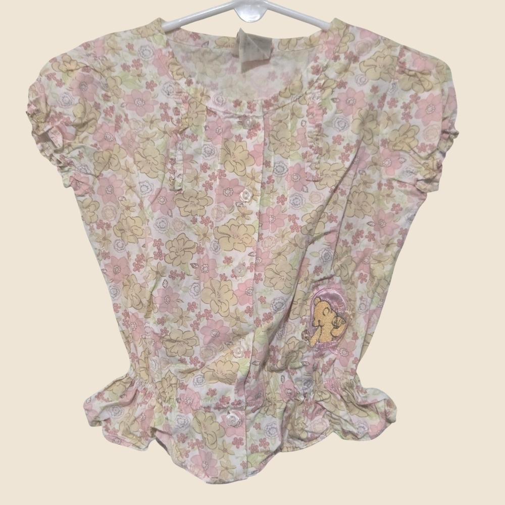Disney Classic Pooh Girls Floral Peplum Blouse Pink Yellow 4T Short Sleeve Top